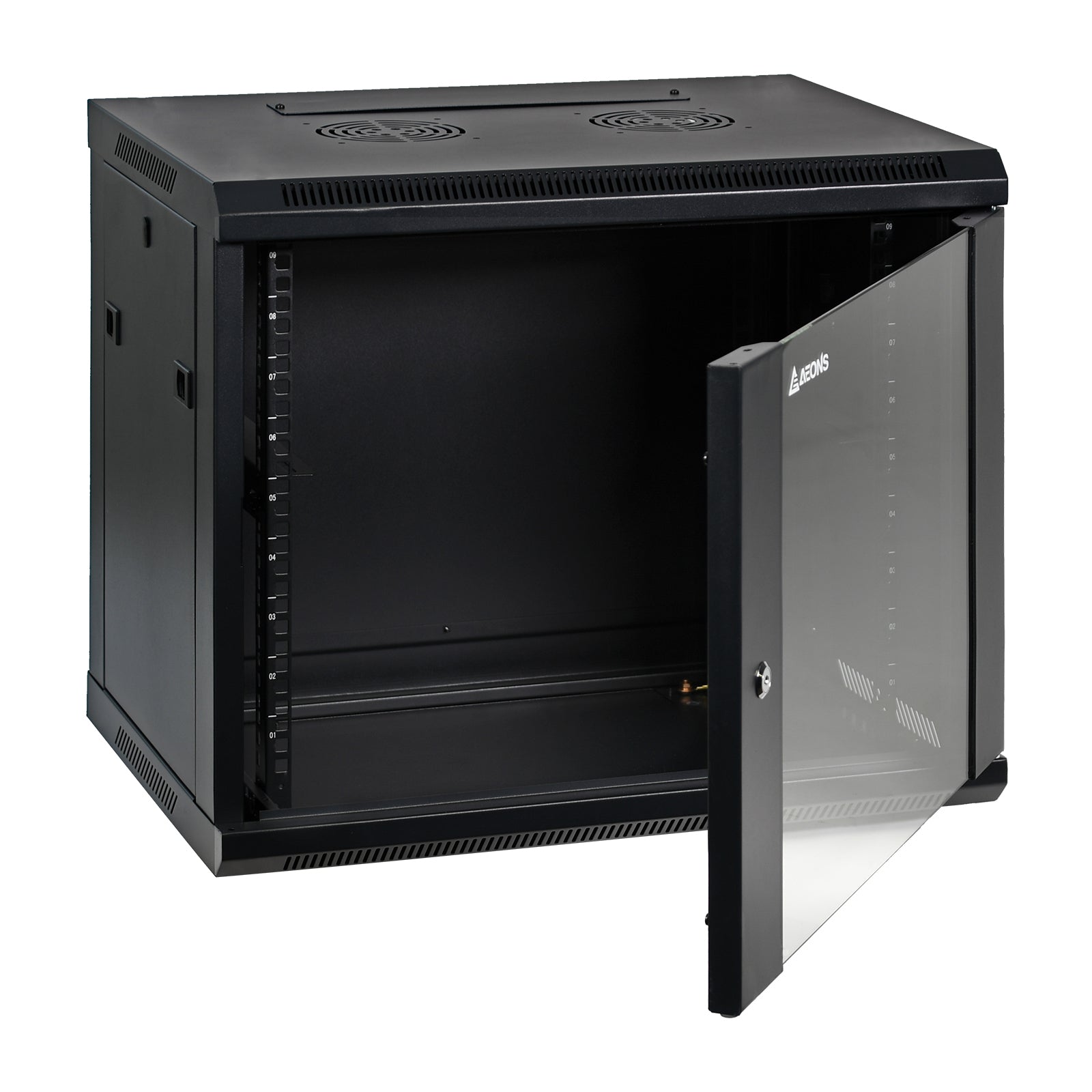 Aeons SC Series 9U Wall-Mount Rack Cabinet, Switch-Depth, Glass Door, Assembled