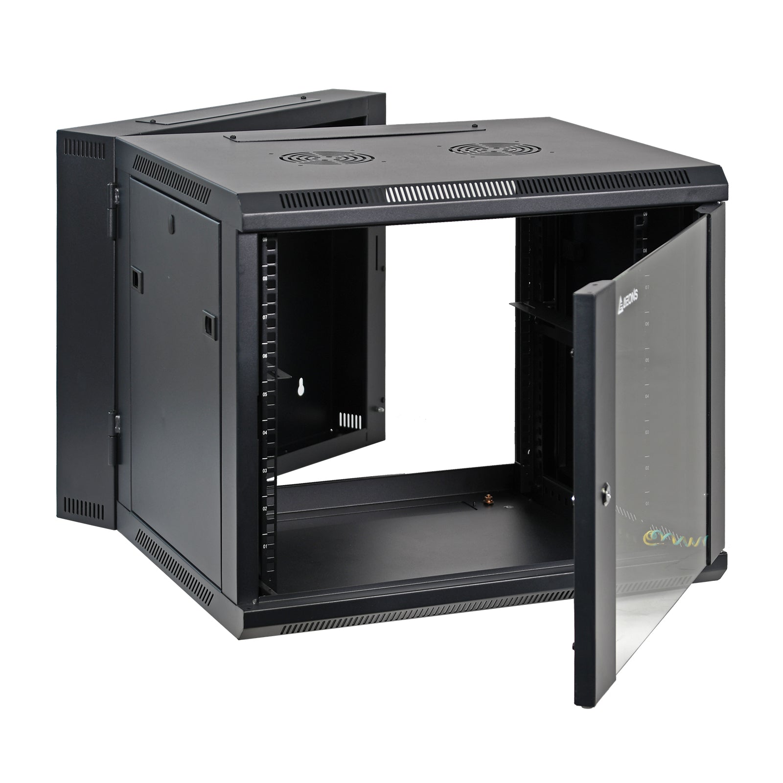 Aeons SB Series 9U Wall-Mount Network Cabinet, Hinged Swing-Out, Mid-Depth, Glass Door