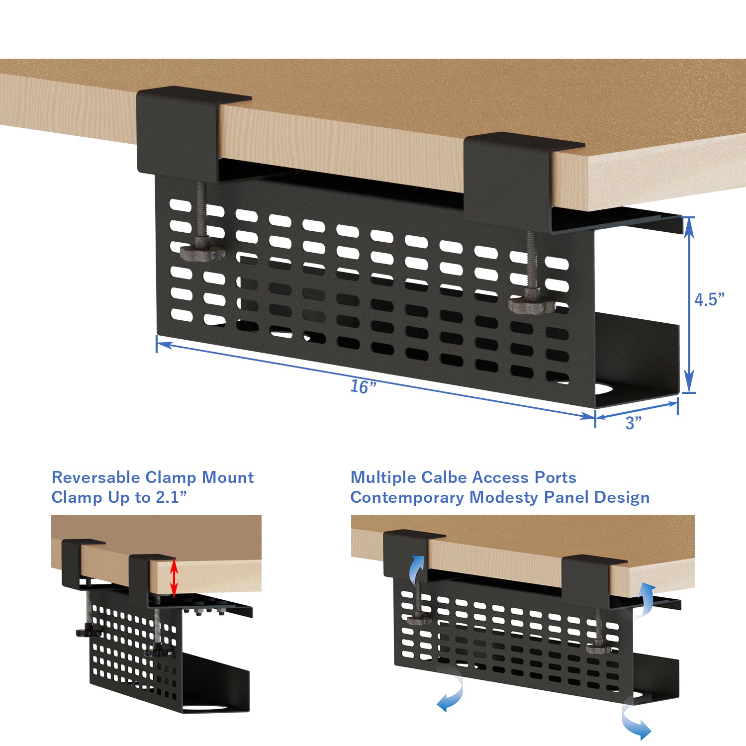 Aeons Workspace Under Desk Cable Management Tray Wire Cord Organizer,  C Clamp Mount and Modesty Panel, 16-inch, Black