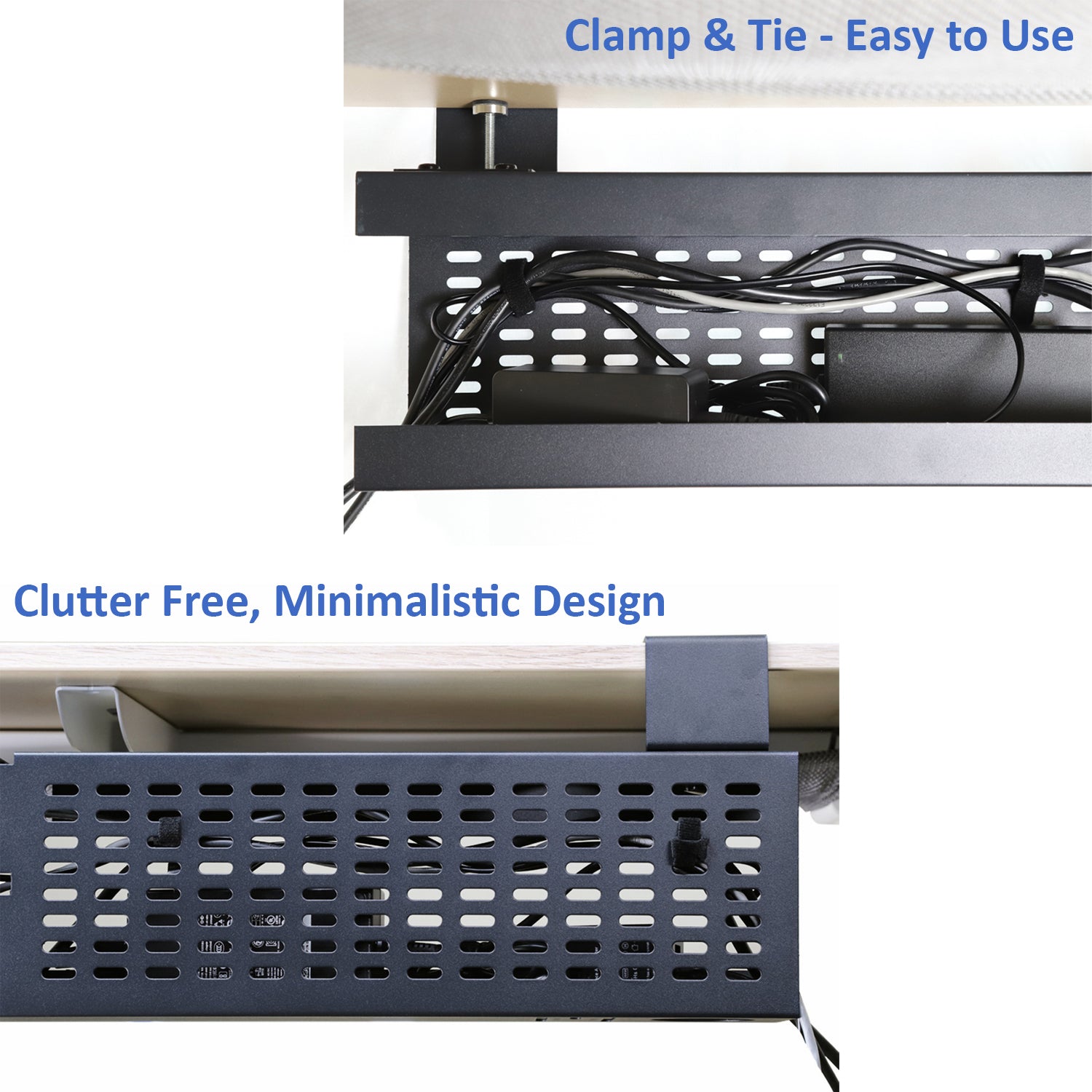 Aeons Workspace Under Desk Cable Management Tray Wire Cord Organizer,  C Clamp Mount and Modesty Panel, Adjustable up to 45-inch, Black