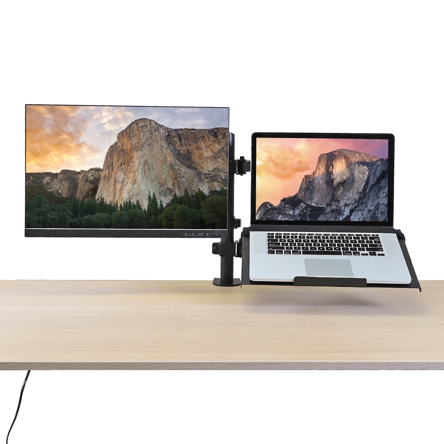 Aeons Monitor and Laptop Tray Desk Mount, 2-in-1 Adjustable Dual Arm fits 27 inch Screen with VESA, Clamp and Cable Management, Black