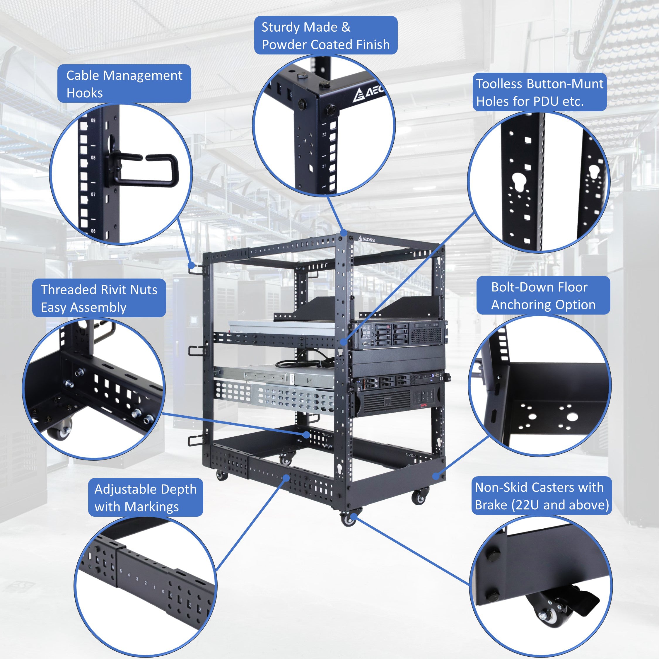 Aeons SR Series 22U 4-Post Open Frame Rack, Adjustable Depth