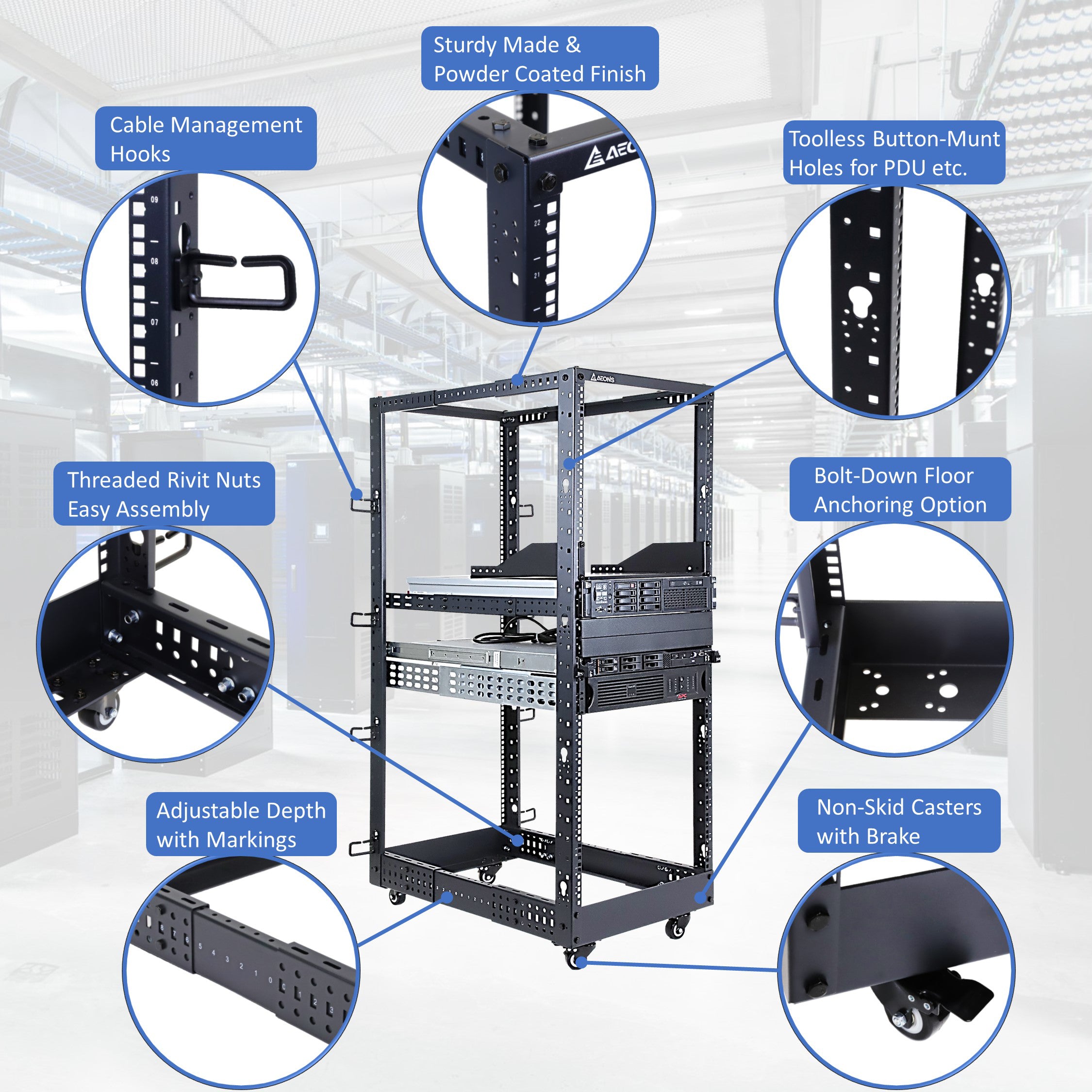 Aeons SR Series 27U 4-Post Open Frame Rack, Adjustable Depth