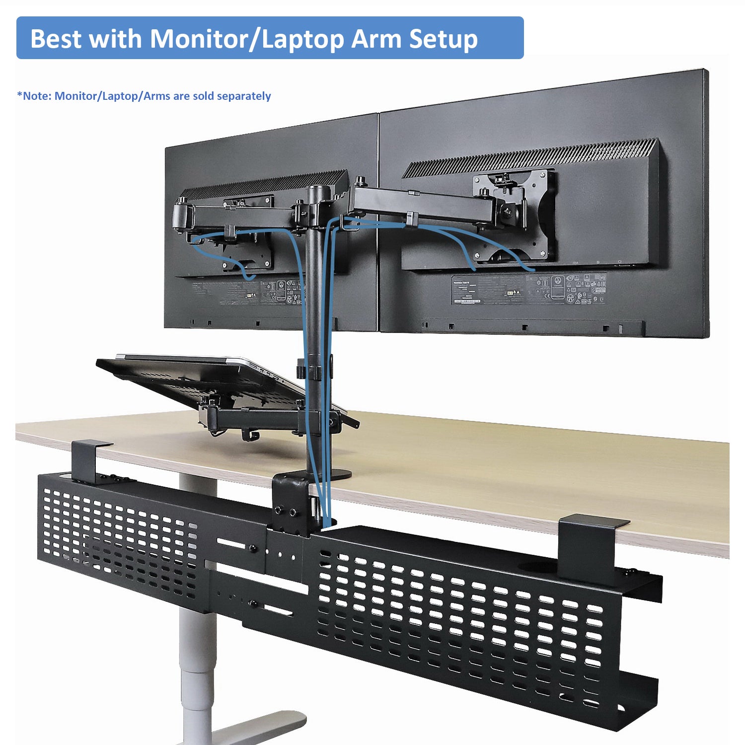 Aeons Workspace Under Desk Cable Management Tray Wire Cord Organizer,  C Clamp Mount and Modesty Panel, Adjustable up to 45-inch, Black