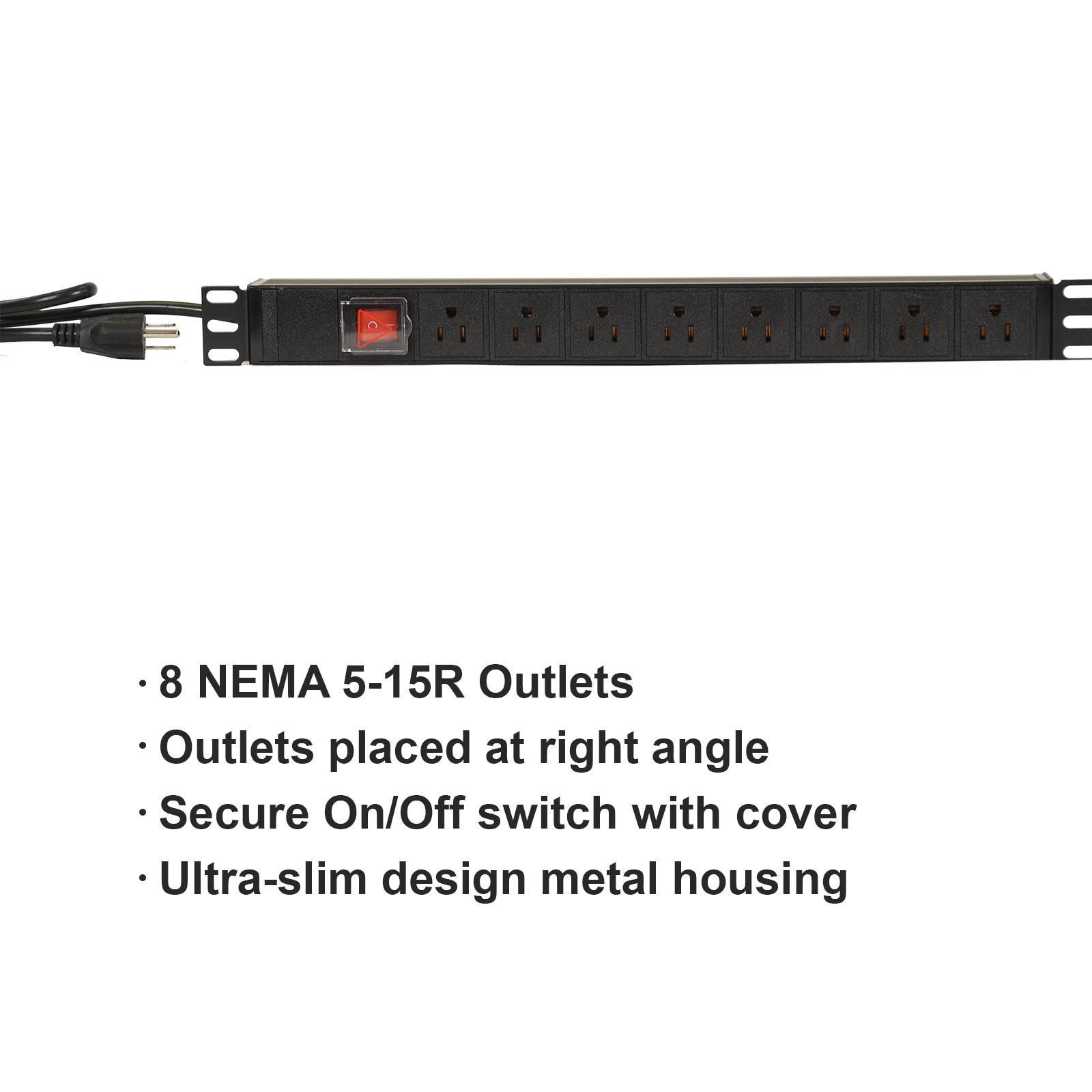Aeons 1U Rack Mount PDU Power Strip, 8 Right Angle Outlets, 15A, Metal Slim Design