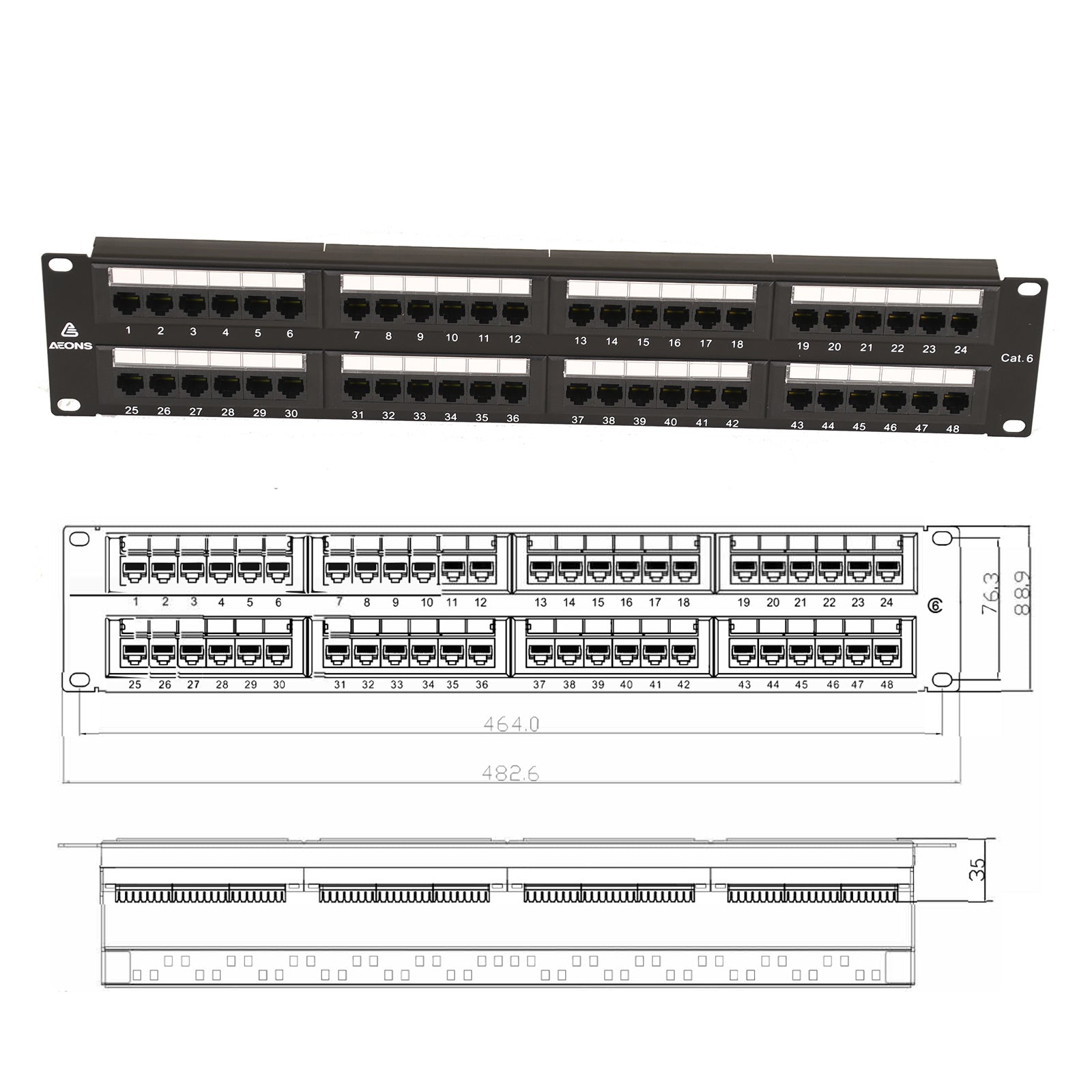 Aeons 48-Port CAT6 UTP Patch Panel, 2U 19-inch Rack Mount Keystone RJ45 Cat 5/5e/6 Gigabit/Fast Ethernet, Cable Management Bar, Black