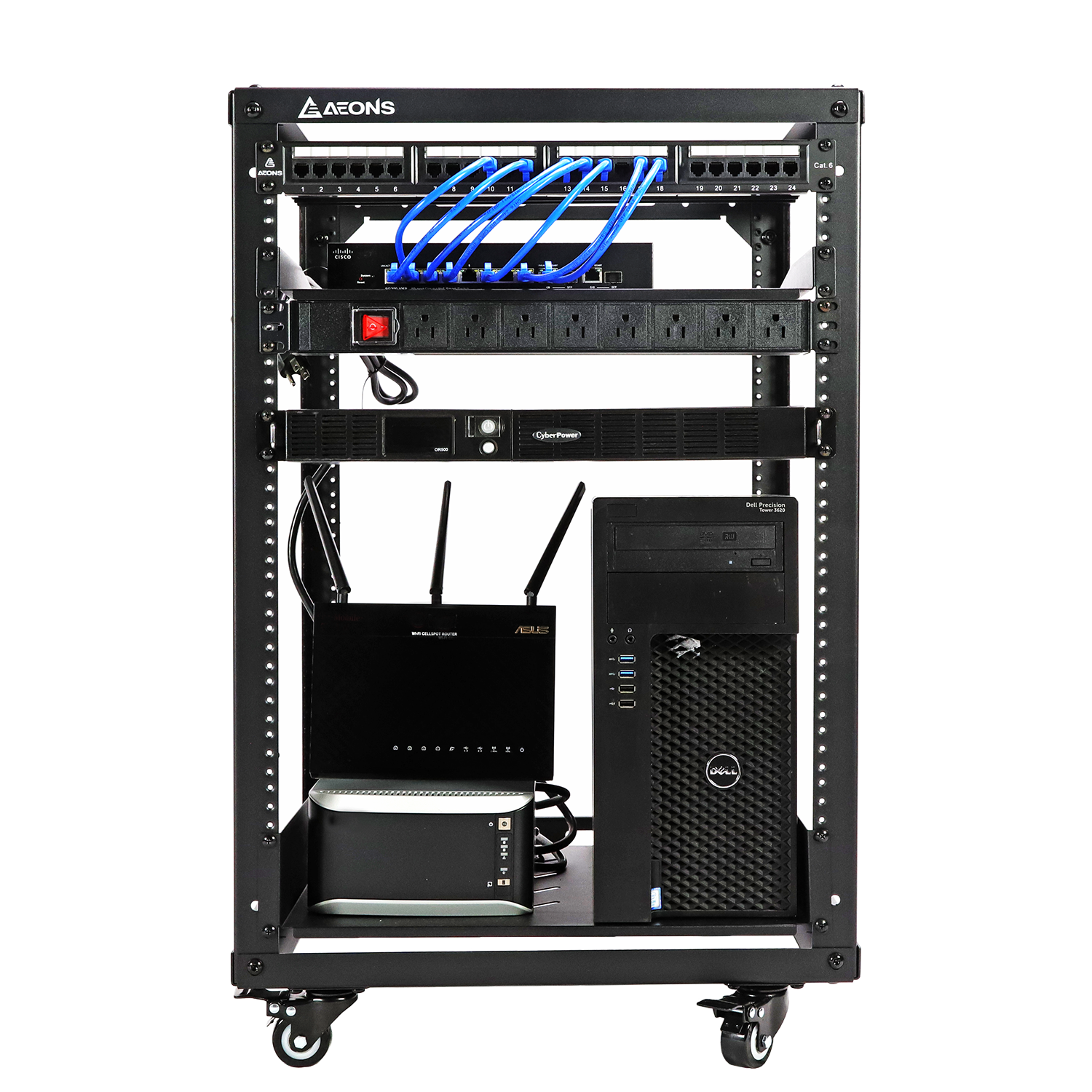 Aeons SRC Series 15U 4-Post Wall-Mount Open Frame Rack, Side Mount, Floor-Standing, Rack Shelves