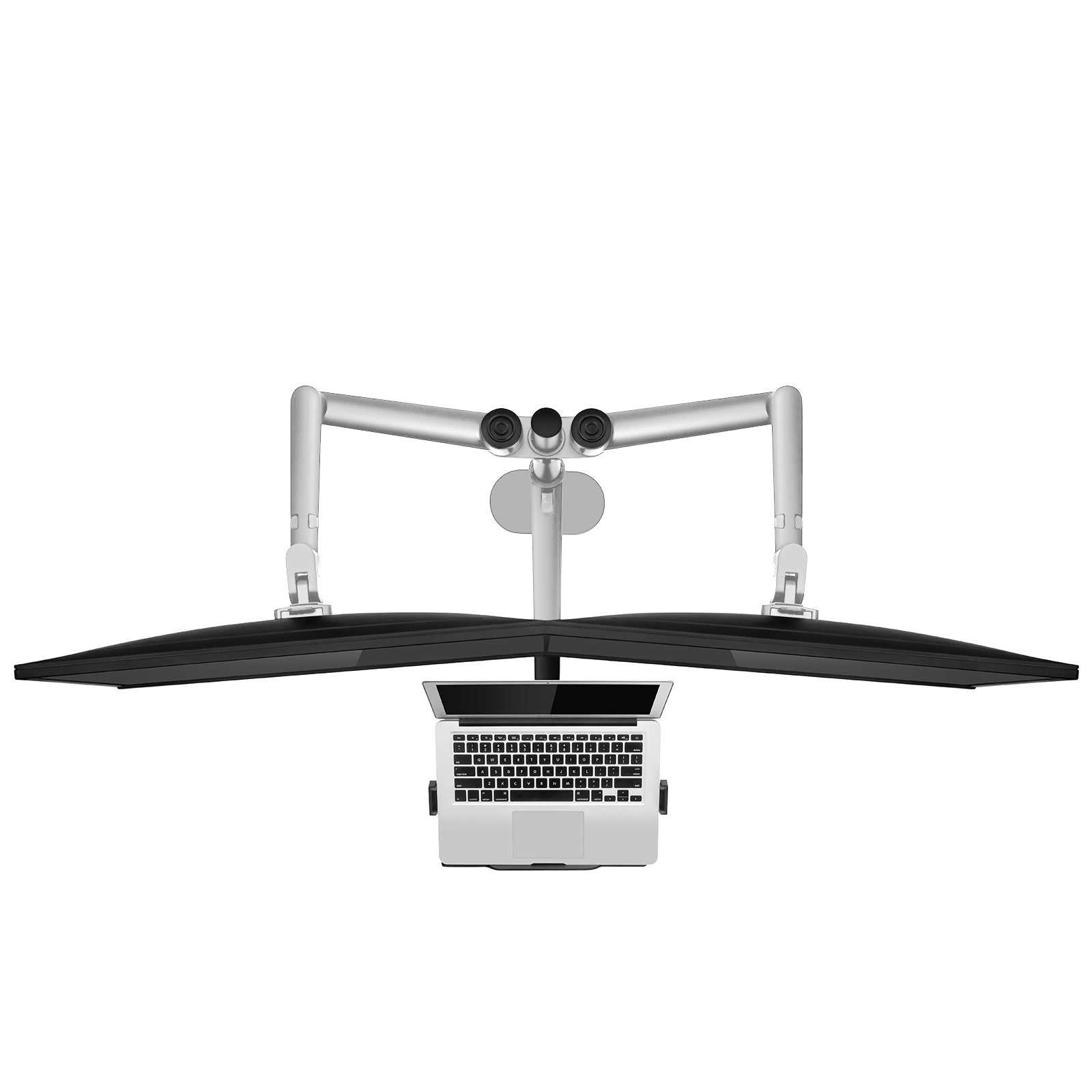 Aeons Dual Monitor and Laptop Tray Desk Mount, 3-in-1 Adjustable Triple Arm fits 27 inch Screen with VESA, Clamp and Cable Management, Silver