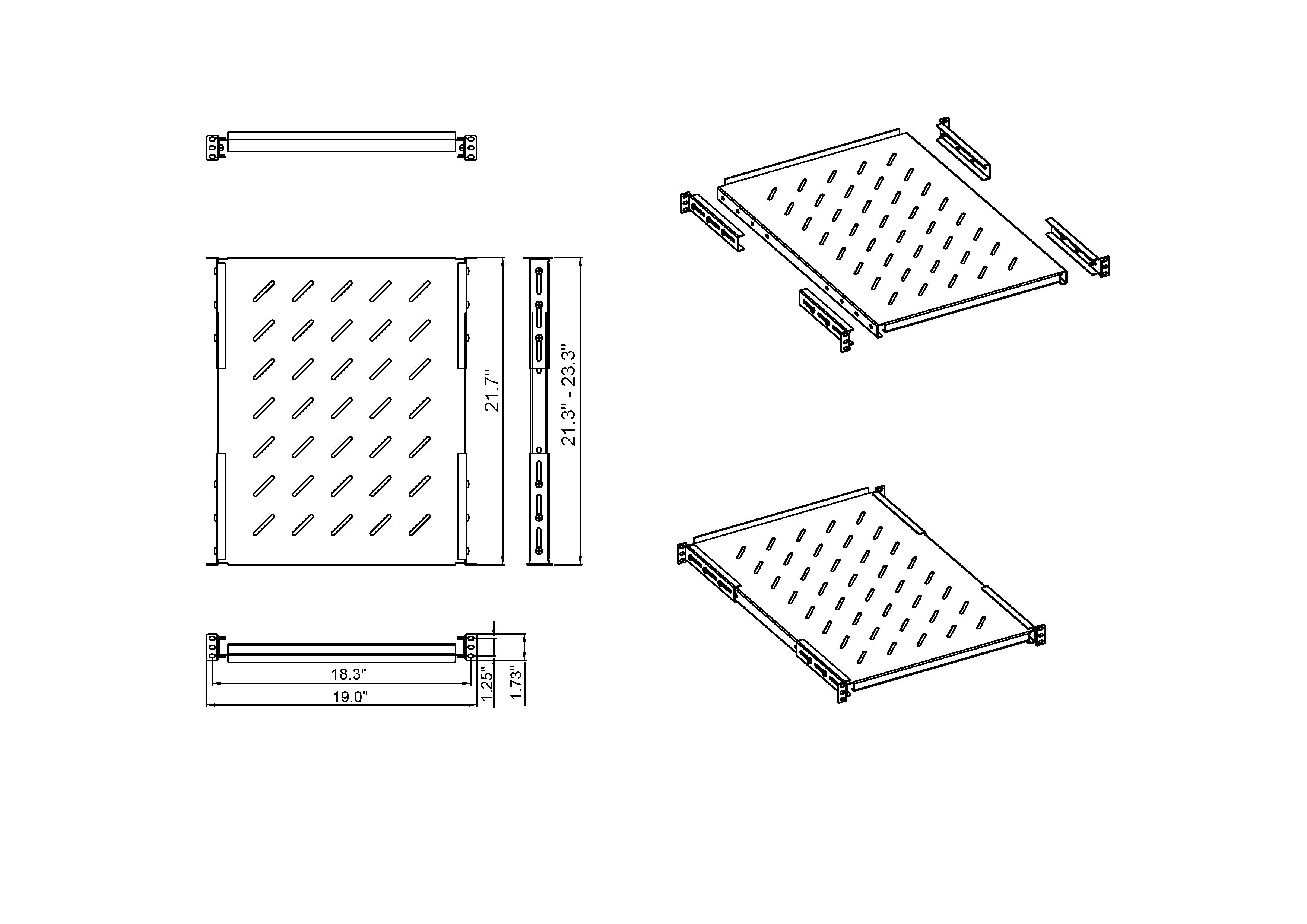 Aeons Universal 1U Rack Mount Vented 4-Post Fixed Shelf, Adjustable Mounting, 22-inch Depth