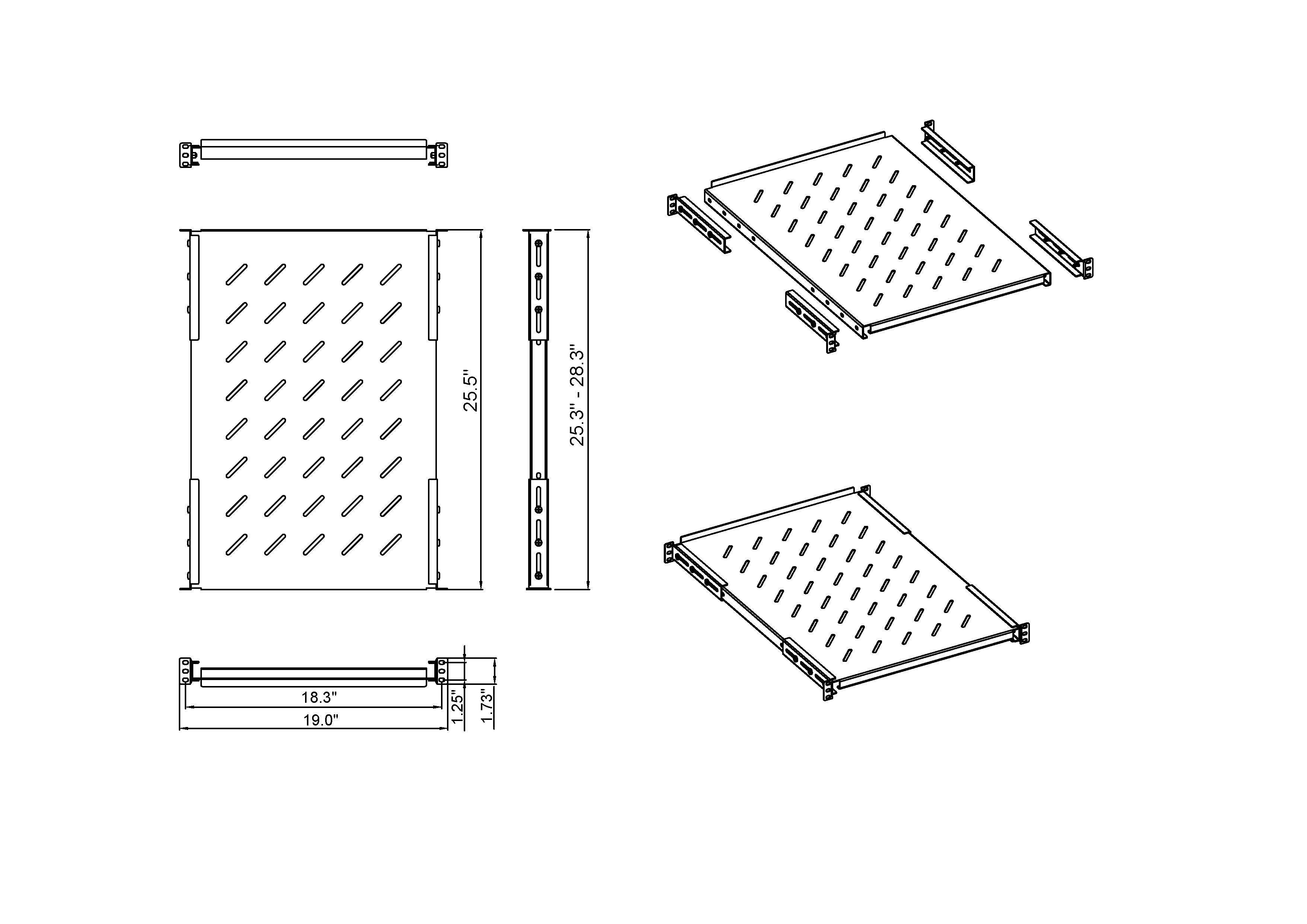 Aeons Universal 1U Rack Mount Vented 4-Post Fixed Shelf, Adjustable Mounting, 26-inch Depth