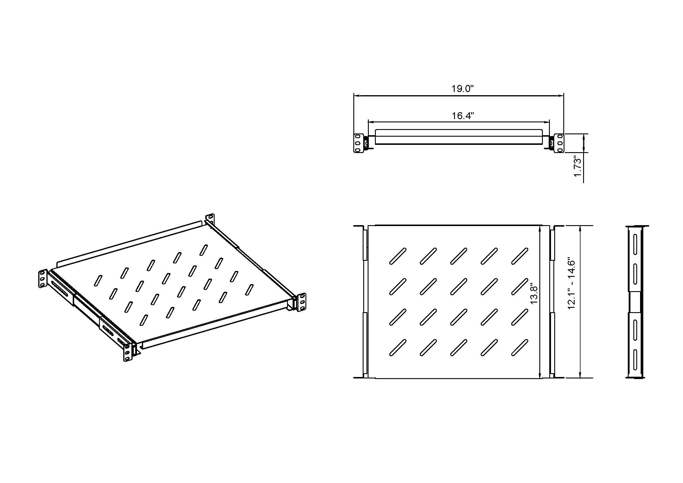 Aeons Universal 1U Rack Mount Vented 4-Post Sliding Shelf, Adjustable Mounting, 14-inch Depth