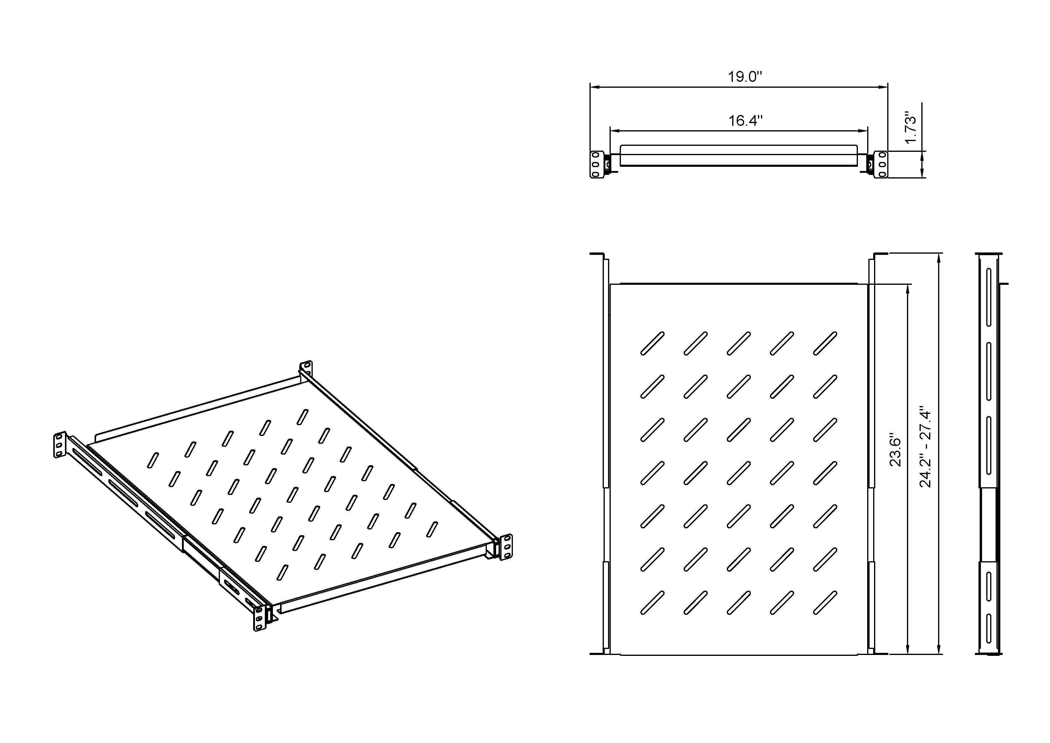 Aeons Universal 1U Rack Mount Vented 4-Post Sliding Shelf, Adjustable Mounting, 24-inch Depth