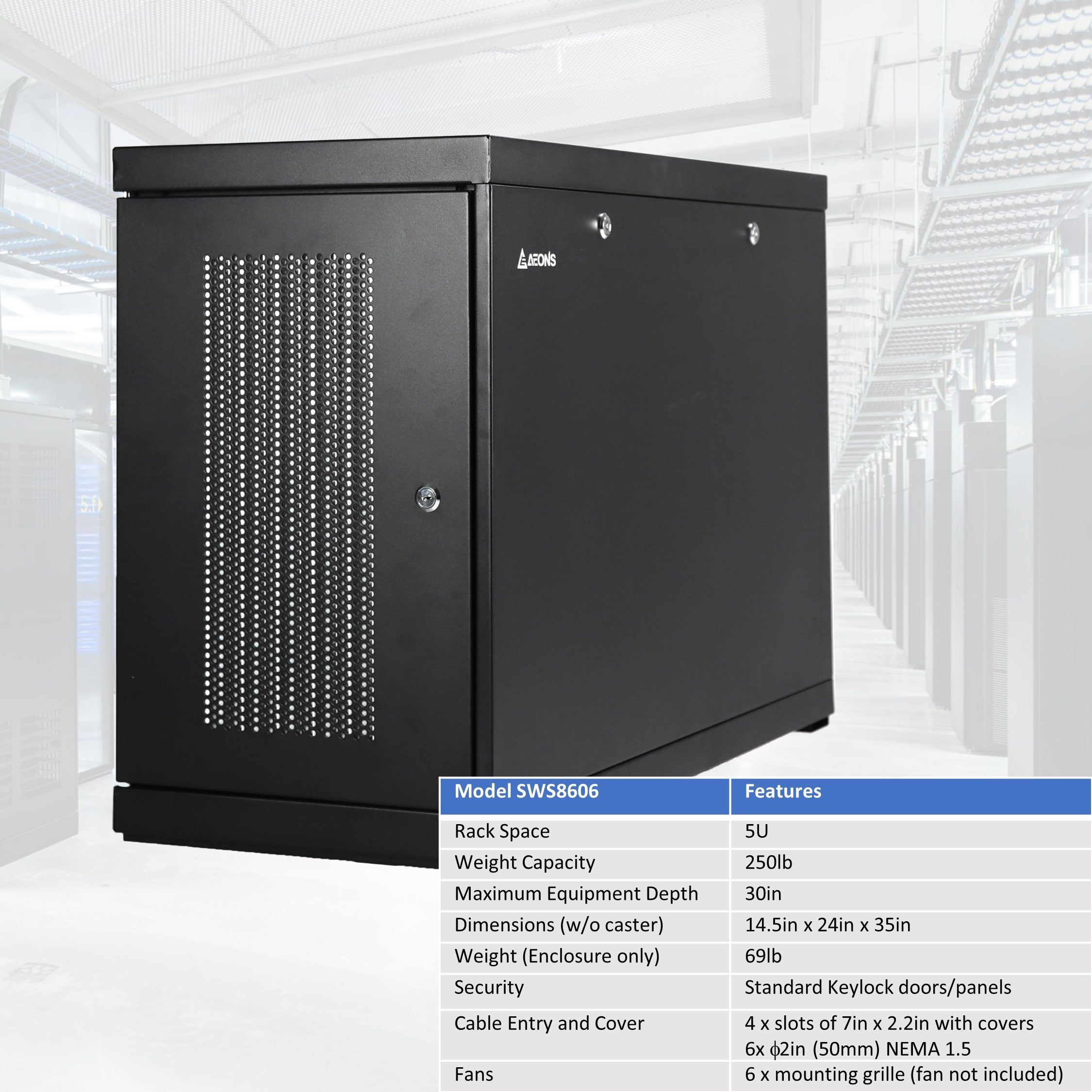 Aeons SWS Series 6U Wall-Mount Rack Cabinet, Server-Depth, Vertical/Side Mount, Assembled