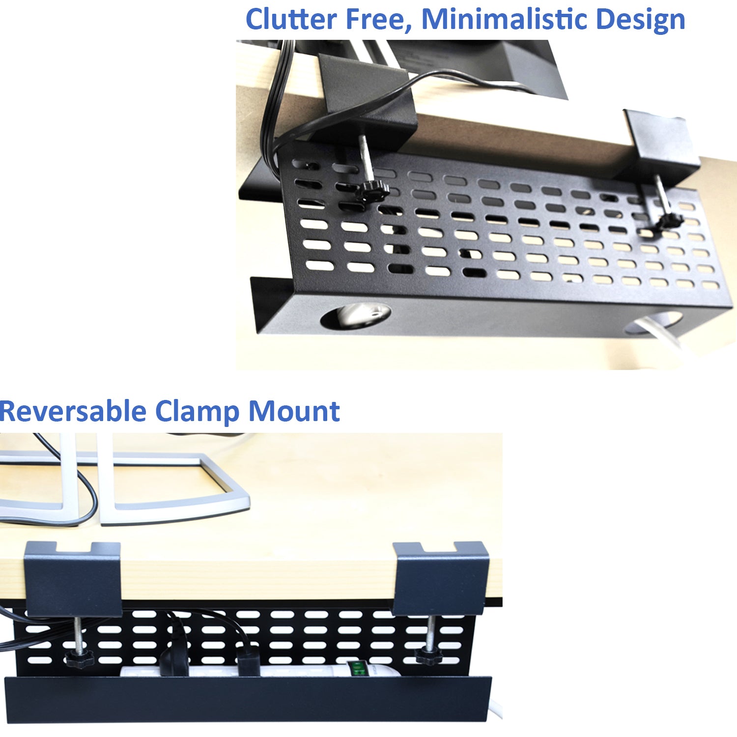 Aeons Workspace Under Desk Cable Management Tray Wire Cord Organizer,  C Clamp Mount and Modesty Panel, 16-inch, Black